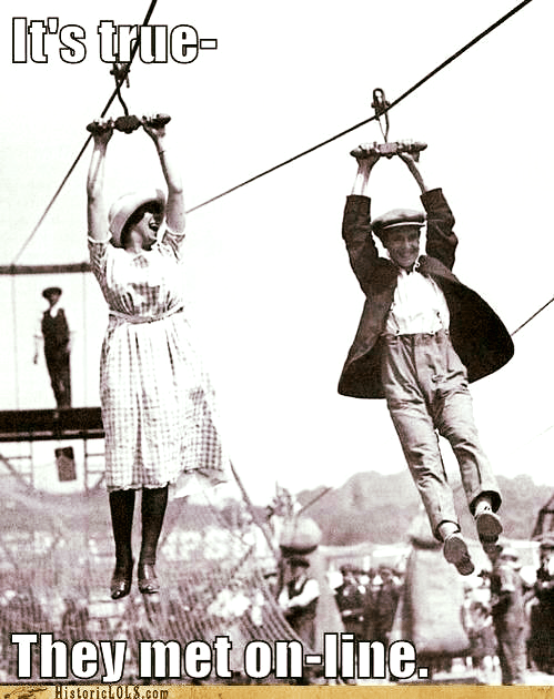 A man and a woman on a zip line with the caption 