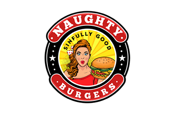 Logo with retro woman holding burger, text 'Naughty Burgers' and 'Sinfully Good'.